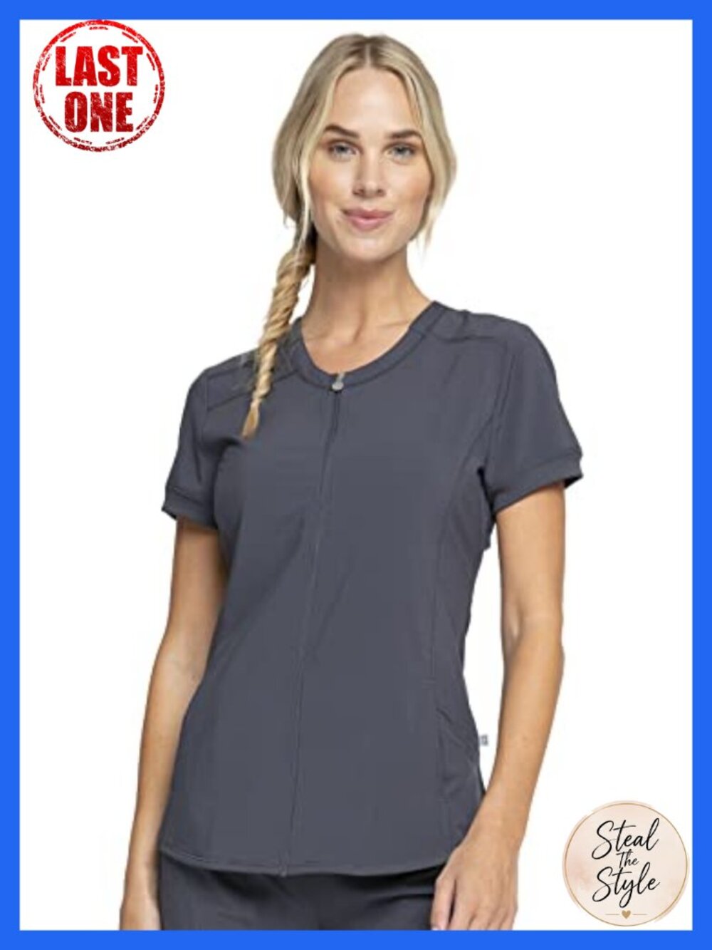 Cherokee Infinity Scrub Top Zip Front V-Neck 4 Pockets Short Sleeve Women